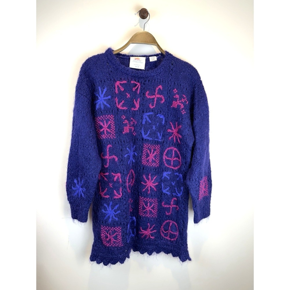 Vintage 1980s 1990s Purple Mohair Wool Mix Hand Knitted Symbols Jumper Sweater L